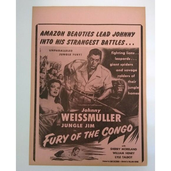 Jungle Jim Fury Of The Congo Johnny Weissmuller Movie Poster 1951 Vintage Amazon - Picture 1 of 6